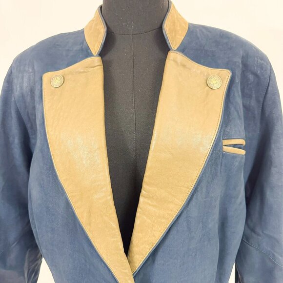 VINTAGE ZAIS LEATHER / SUEDE BLUE AND GREEN BLAZER THICK MATERIAL - Picture 3 of 6